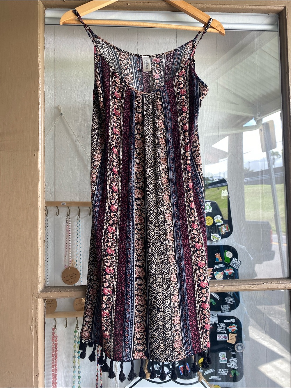 Mahina Hawaii Boho Striped Floral Tassel Midi Dress - Pink & Black